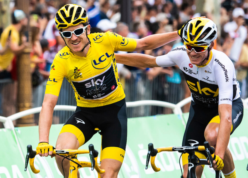 Geraint Thomas and Chris Froome on final stage of 2018 Tour de France, picture credit ASO, Alex Broadway KASK cycling helmets