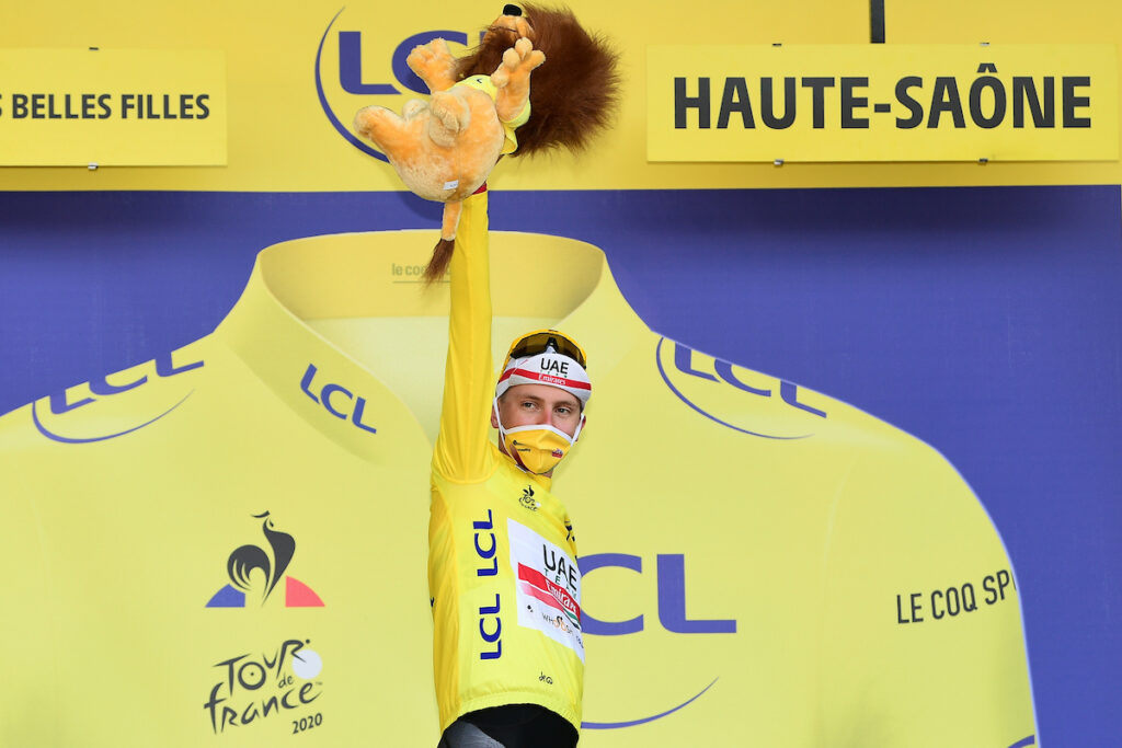 Tadej Pogacar in the yellow jersey (picture copyright A.S.O. Alex Broadway)