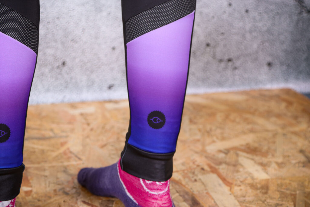 2021 Fat Lad At The Back Women’s Purple and Blue Winter Thermal Padded Cycling Tights – ankle detail.jpg