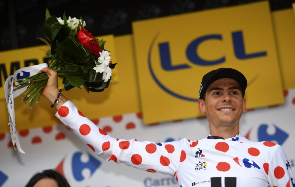 Warren Barguil in polka dots at 2017 Tour de France (image credit Cor Vos via Team Sunweb).jpg