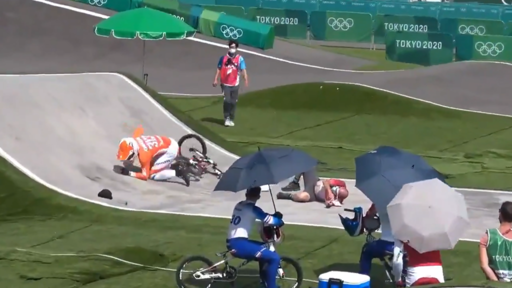 Dutch BMX rider Niek Kimmann crashes into person crossing track at Tokyo Olympics