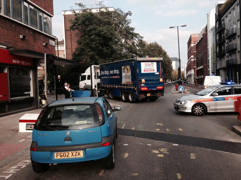 Old Street HGV and cyclist collision (copyright Simon MacMichael)