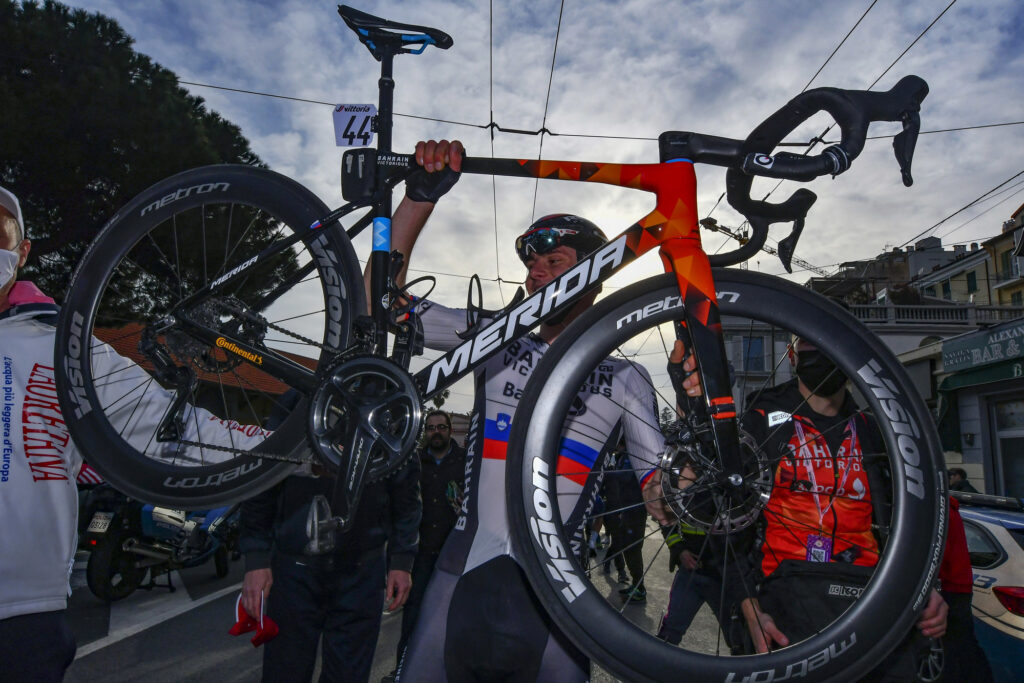 Matej Mohoric after winning 2022 Milan-San Remo photo credit @Sprintcycling @TeamBahrainVictorious