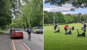 Parked cars block cycle lane – while their owners ride static bikes in park
