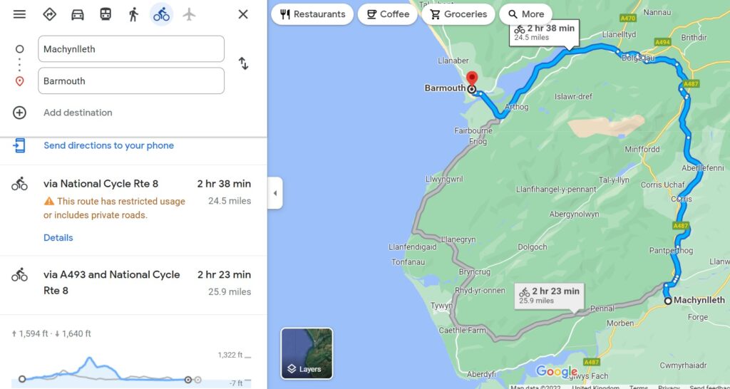 Machynlleth to Barmouth on Google Maps