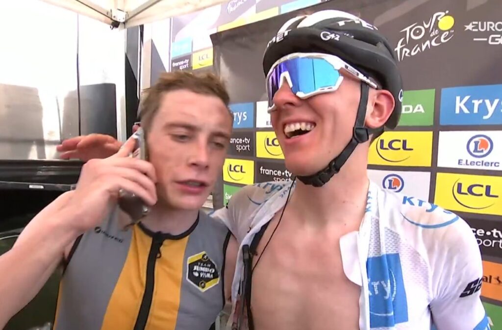 Tadej Pogacar congratulates Jonas Vingegaard following stage 18 of the 2022 Tour de France