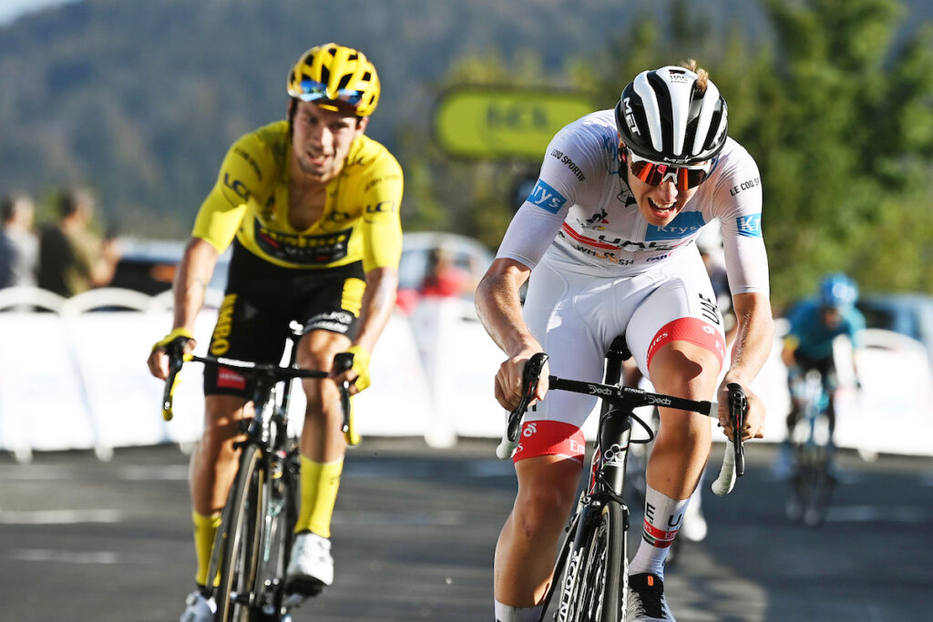 Tadej Pogacar beats Primoz Roglic to the line in Stage 15 of 2020 Tour de France (picture credit Cor Vos/SWpix.com)