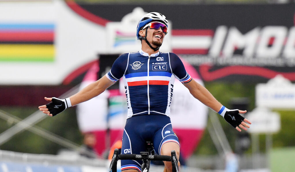 Julian Alaphilippe wins the UCI road world championship 2020 (picture credit Simon Wilkinson/SWpix.com)