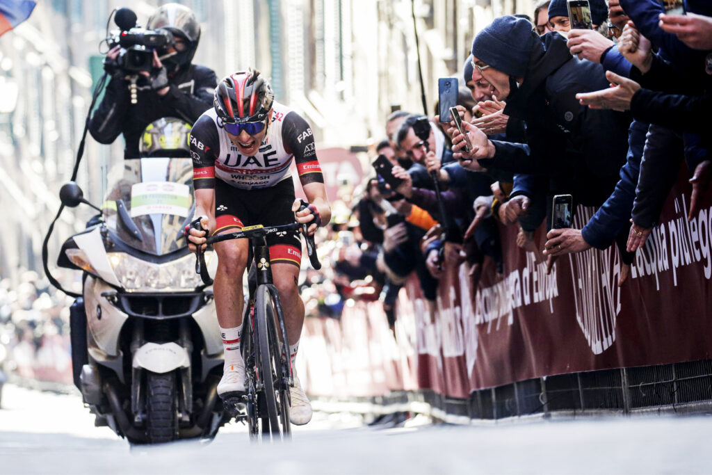 Tadej Pogacar on his way to winning 2022 Strade Bianche (Anton Vos/CorVos/SWpix.com)
