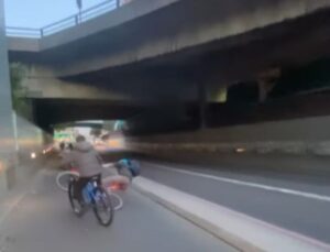 cyclist overtaking wheelie rider falls – screenshot via oneway.bradd on Instagram
