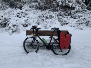 Cycling in the snow (credit – Carla Francome)