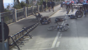 Bike rack foils Sam Bennett at Milan-Sanremo 2023