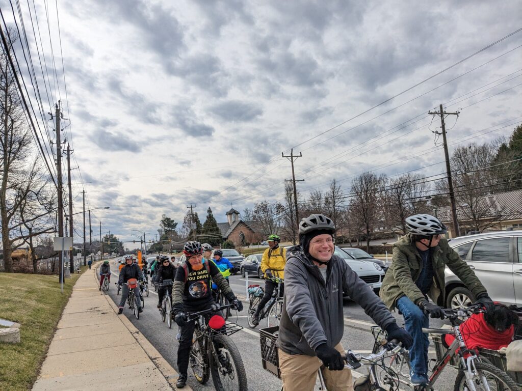 Cyclists ride in new cycle lane in support of cycling infrastructure in Maryland (credit – gwhennigan, Twitter)