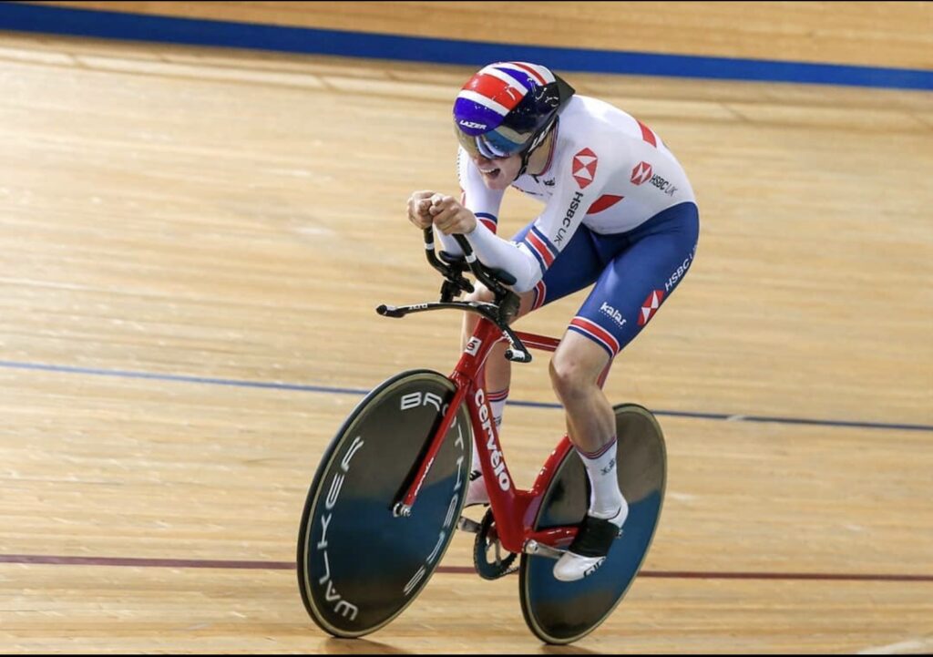 Emily Bridges racing for British Cycling