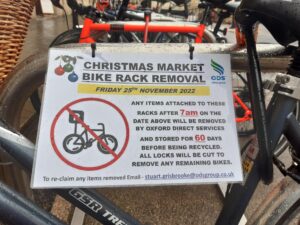 Oxford Christmas market bike rack sign (Oxford City Council)