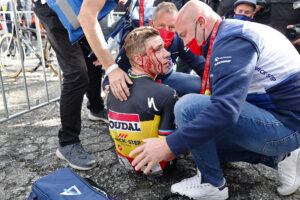 Remco Evenepoel post-finish line crash at Vuelta a España (Rafa Gomez/SprintCyclingAgency)
