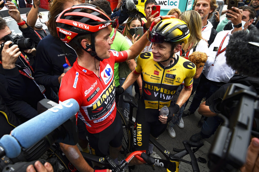 Sepp Kuss and Jonas Vingegaard celebrate after stage 20 of the 2023 Vuelta a España (Tommaso Pelagalli/SprintCyclingAgency)