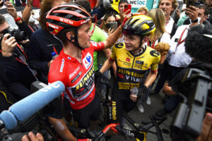 Sepp Kuss and Jonas Vingegaard celebrate after stage 20 of the 2023 Vuelta a España (Tommaso Pelagalli/SprintCyclingAgency)