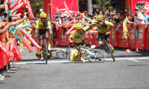 Vuelta a Guatemala winner Gerson Toc and his teammates crash across the line during victory salute