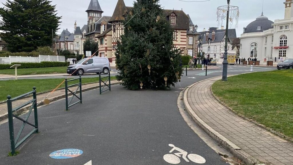 Christmas tree in the middle of cycle lane in Cabourg, France
