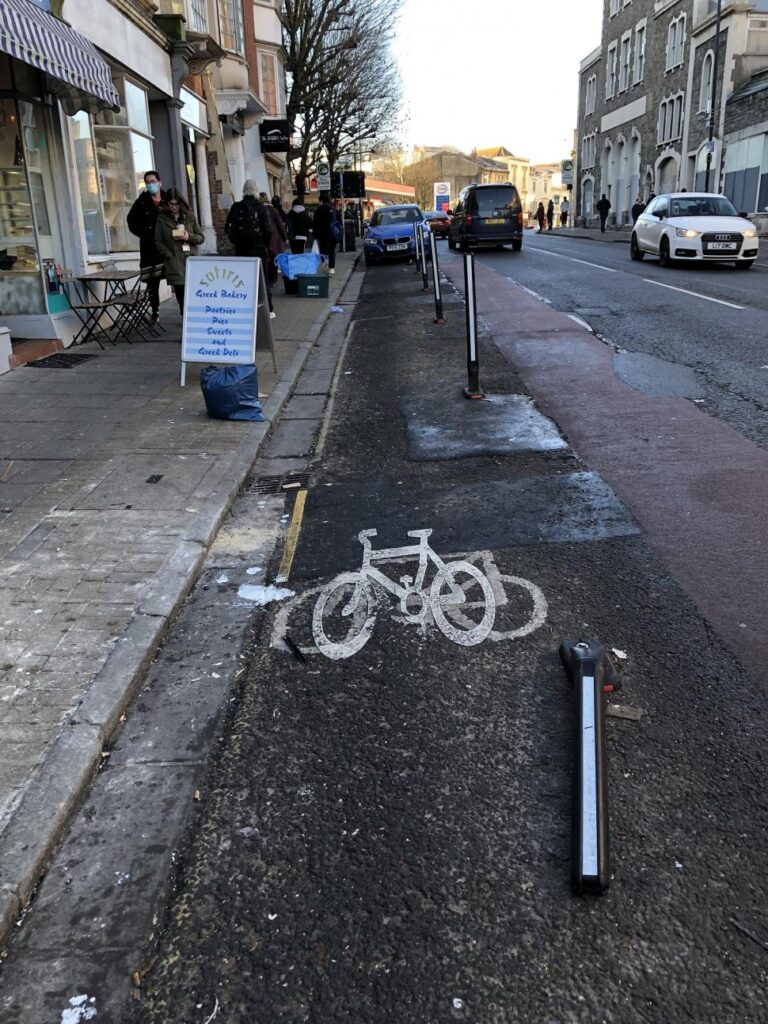 Broken wands on Bristol&rsquo;s Park Row cycle lane