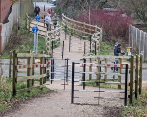 Cycle barriers on RHS Garden Bridgewater canal links, Worsley (Walk Ride Central Salford, Twitter)