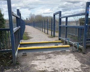 Barriers on National Cycle Route bridge in Radcliffe, Greater Manchester