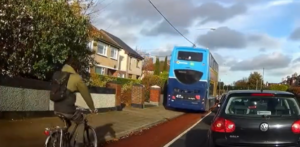 Bus driver undertakes up cycle lane and pavement (Kevin Gorman, Twitter)