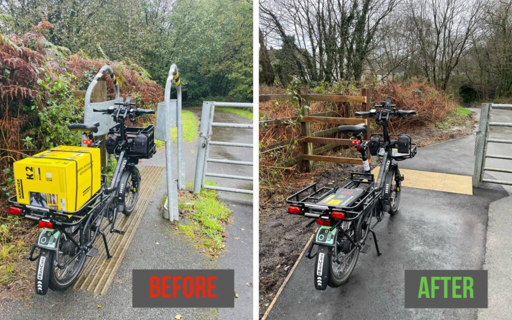 A-frame barriers (before and after) in Church Village, Rhondda Cynon Taff (credit: Hamish Belding)