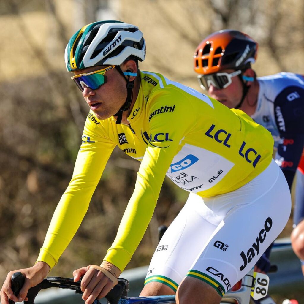 Luke Plapp in yellow jersey and white shorts, 2024 Paris Nice, stage 5