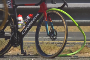 Thomas De Gendt’s Zipp wheel after UAE Tour crash (Discovery+)