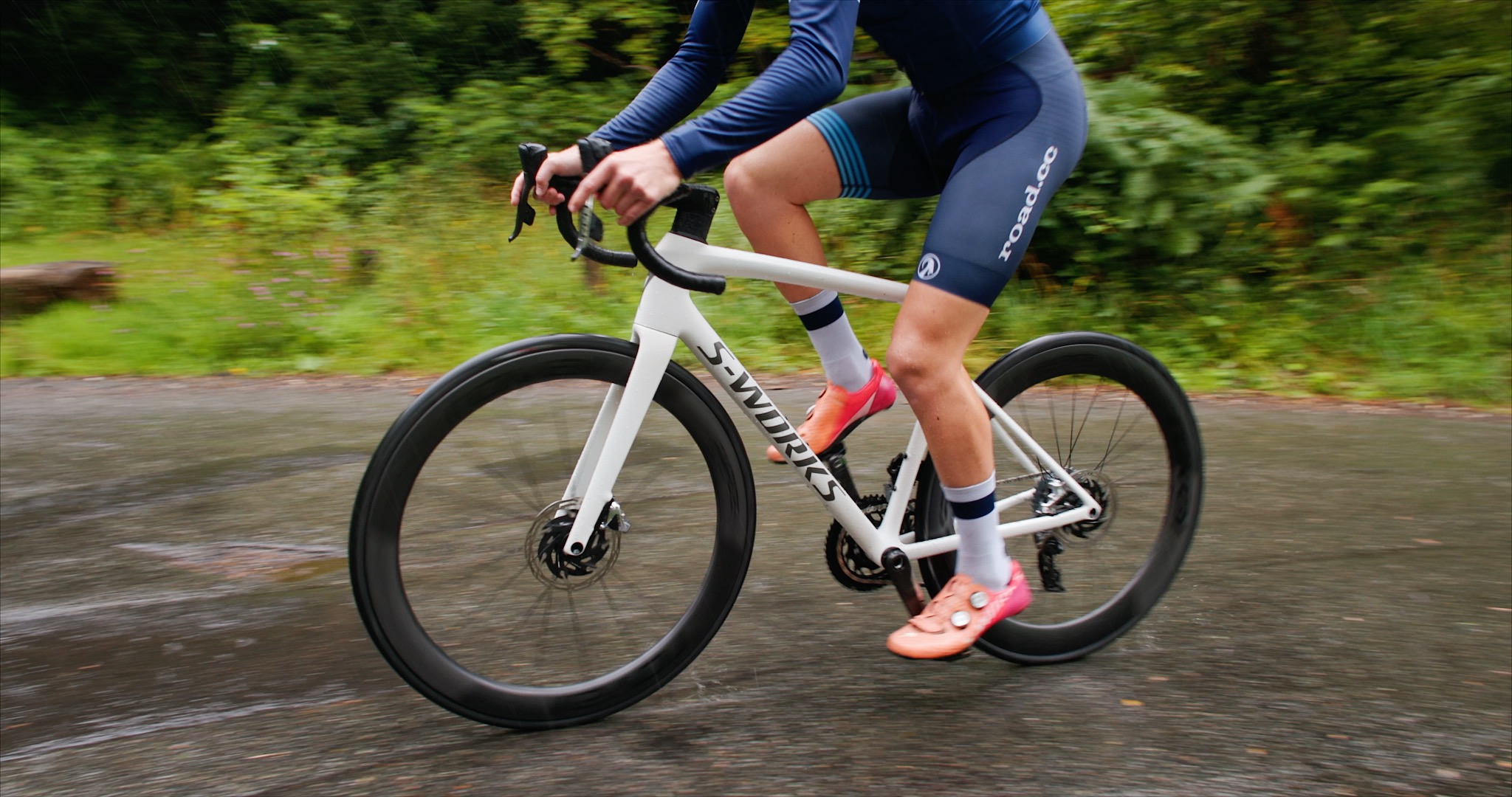 2023 Specialized Tarmac SL8 S-Works riding shot climbing Jamie road.cc kit