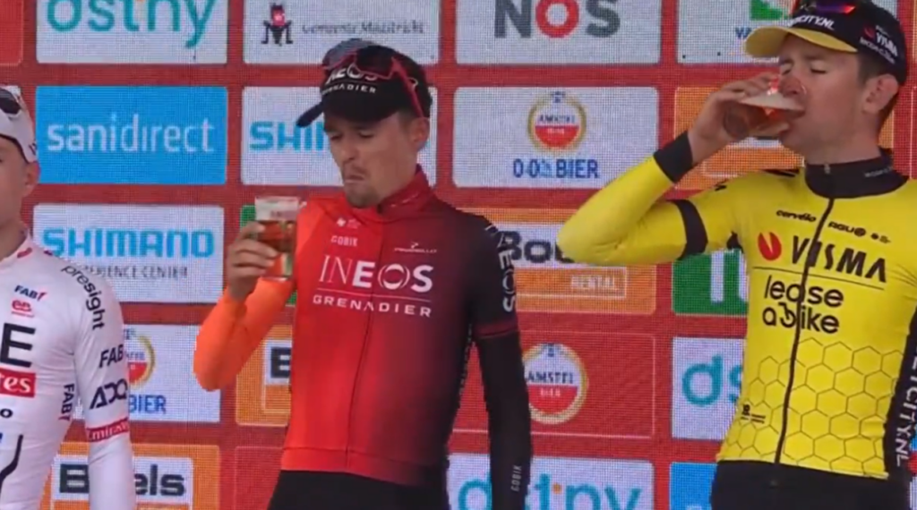 Tom Pidcock and his Amstel beer-drinking face
