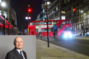Iain Duncan Smith (parliamentary portrait) and cyclists at lights