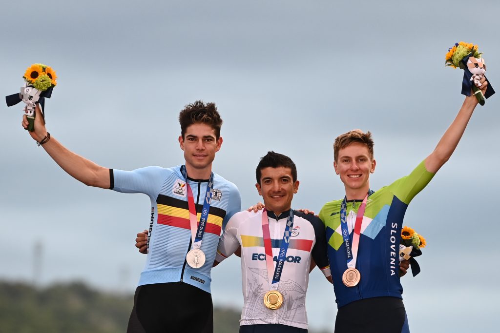 Tokyo Olympics men&rsquo;s road race podium (Alex Broadway/SWpix.com)