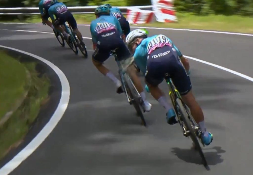 Mark Cavendish vomits during stage one of 2024 Tour de France (Eurosport)