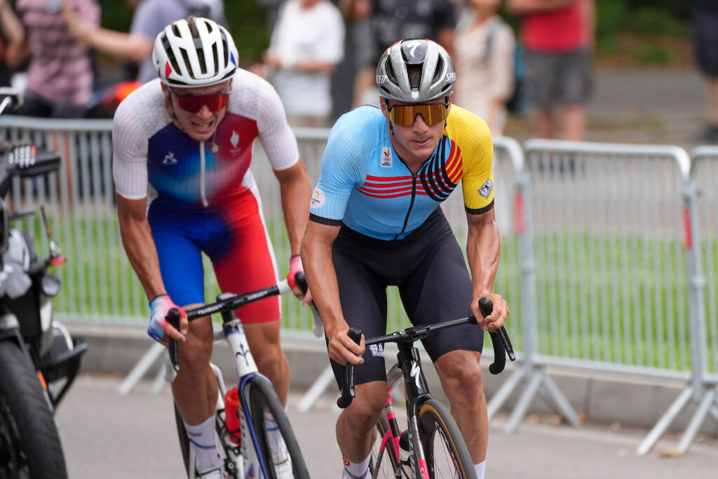 Remco Evenepoel and Valentin Madouas racing on the streets of Paris, 2024 Paris Olympic men’s road race