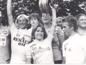 Marianne Martin, Greg LeMond, and Laurent Fignon, 1984 Tour de France podium