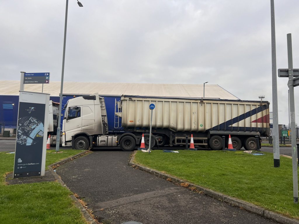 Dock Street, Belfast, cycle lane blocked by lorry