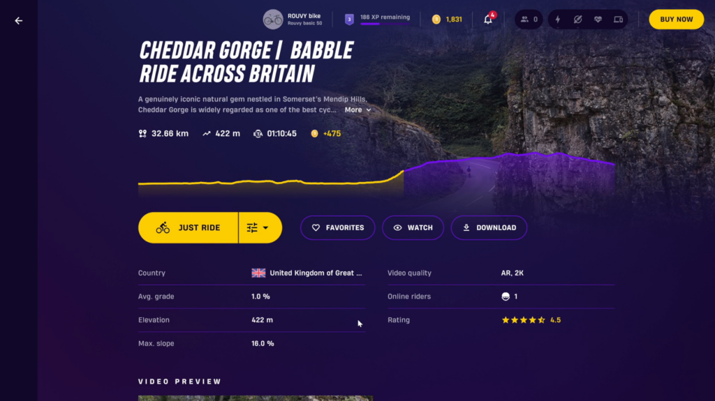 2024 Rouvy indoor cycling beginner cheddar gorge route