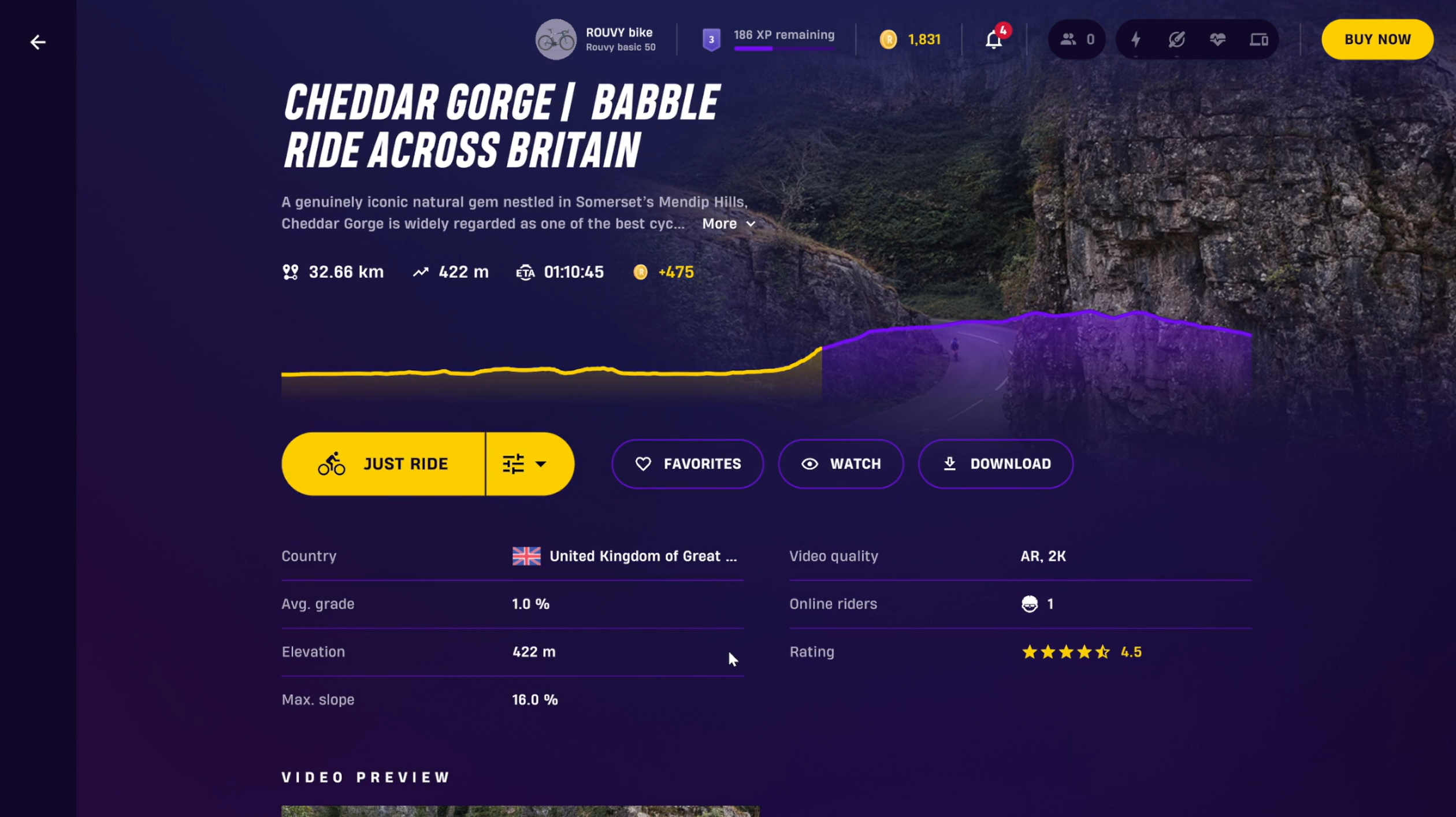 2024 Rouvy indoor cycling beginner cheddar gorge route