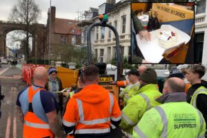 Cyclists with cakes and Prosecco for cycle lane builders