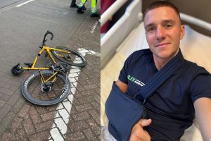 Remco Evenepoel after surgery (left: His snapped SL-8 after dooring incident, image by Glenn Verlaecke)