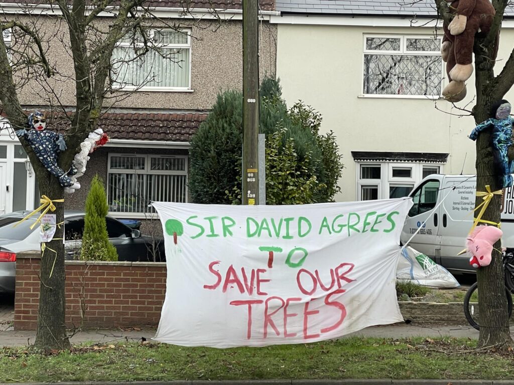 “Sir David agrees to save our trees” banner in Coventry (Abigail Hinley on Facebook)