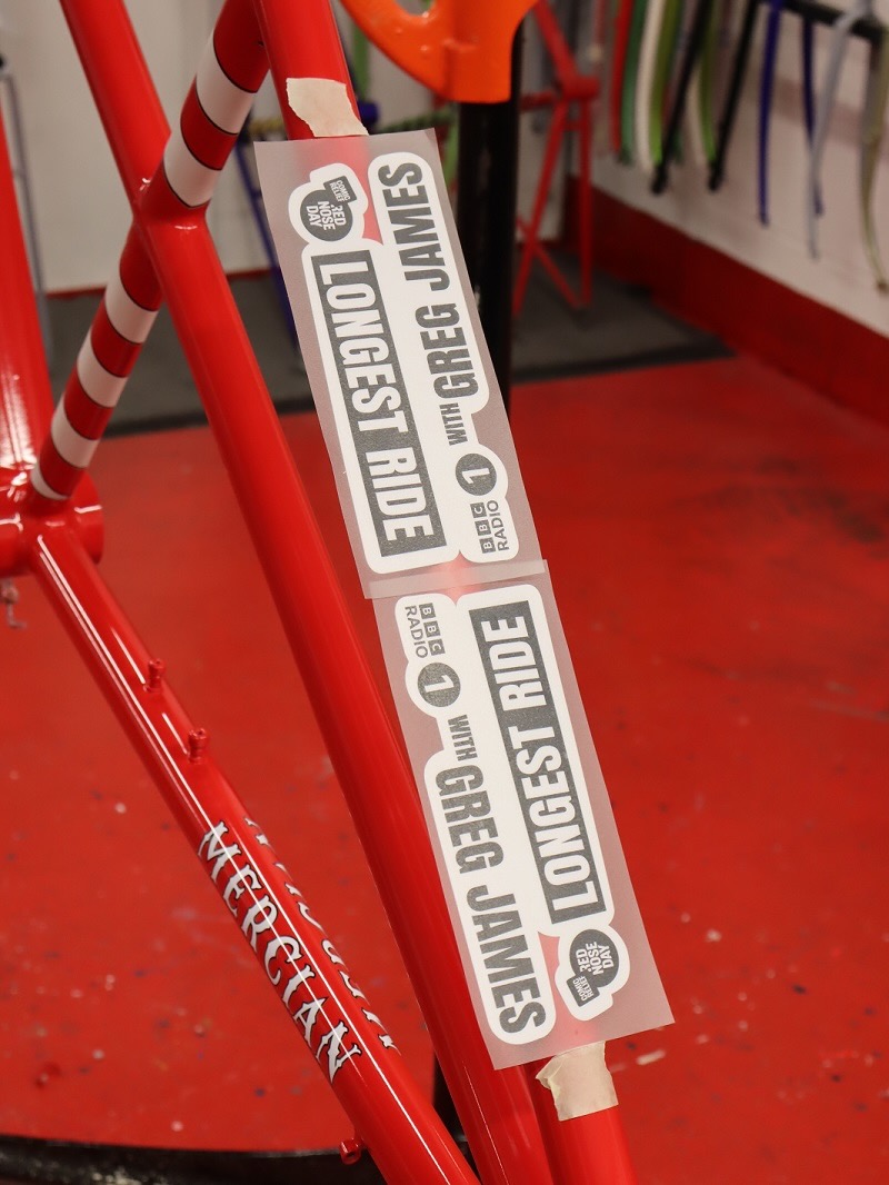 2026 Mercian Cycles Greg James tandem graphics being applied