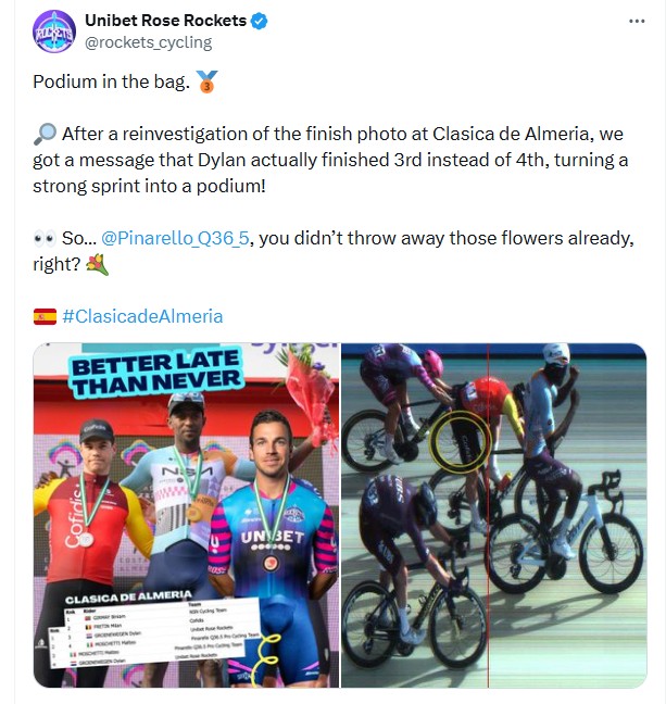 Unibet Rose Rockets tweet about Dylan Groenewegen photo finish at Clasica Almeria