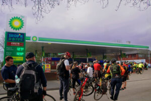 Cyclists queue for fuel April 2026