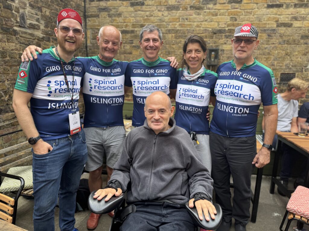 James “Gino” Murphy with some of the ICC friends who have raised nearly £18,000 for Spinal Research