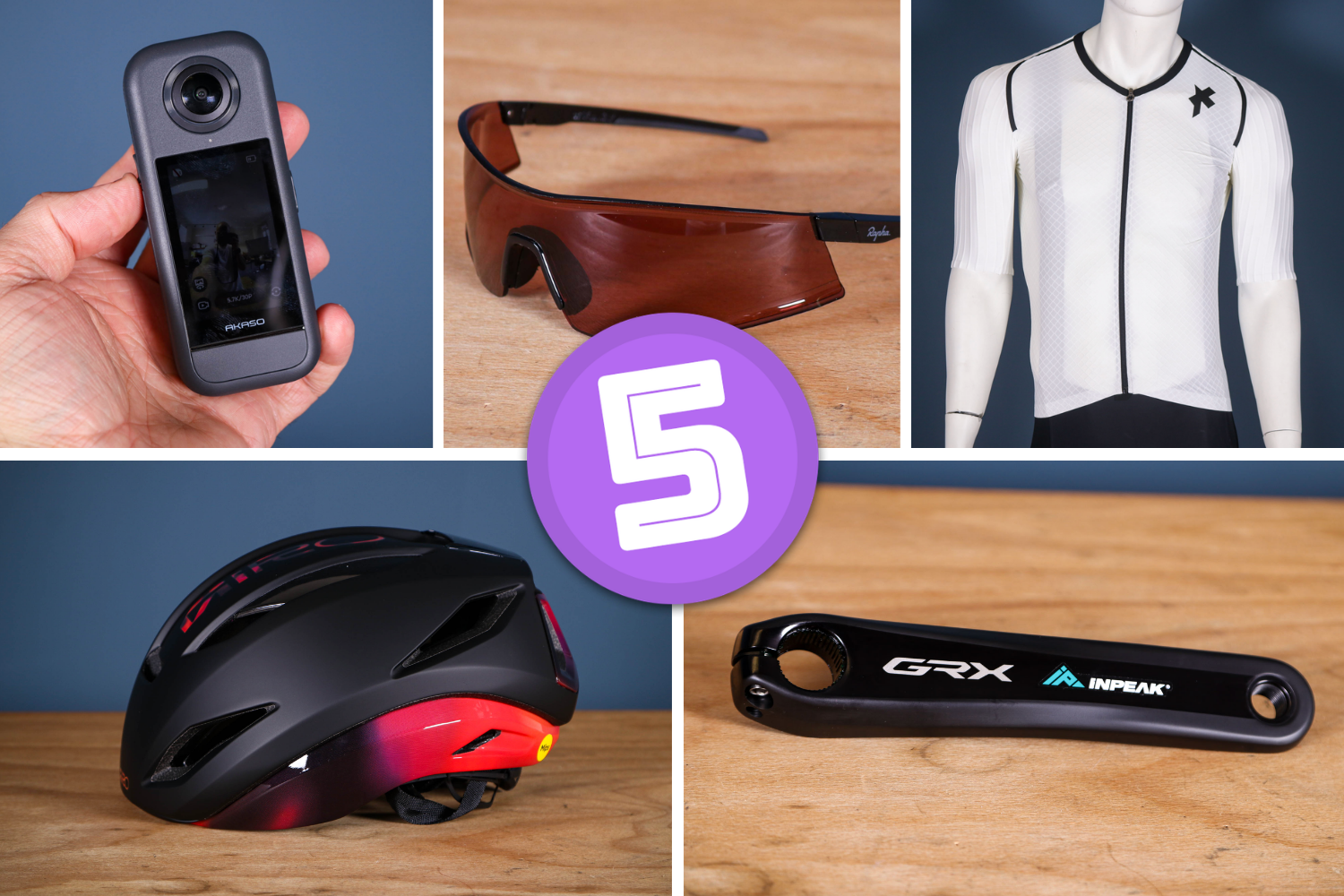 A collage including an action camera, sunglasses, aero jersey, helmet and power meter crank