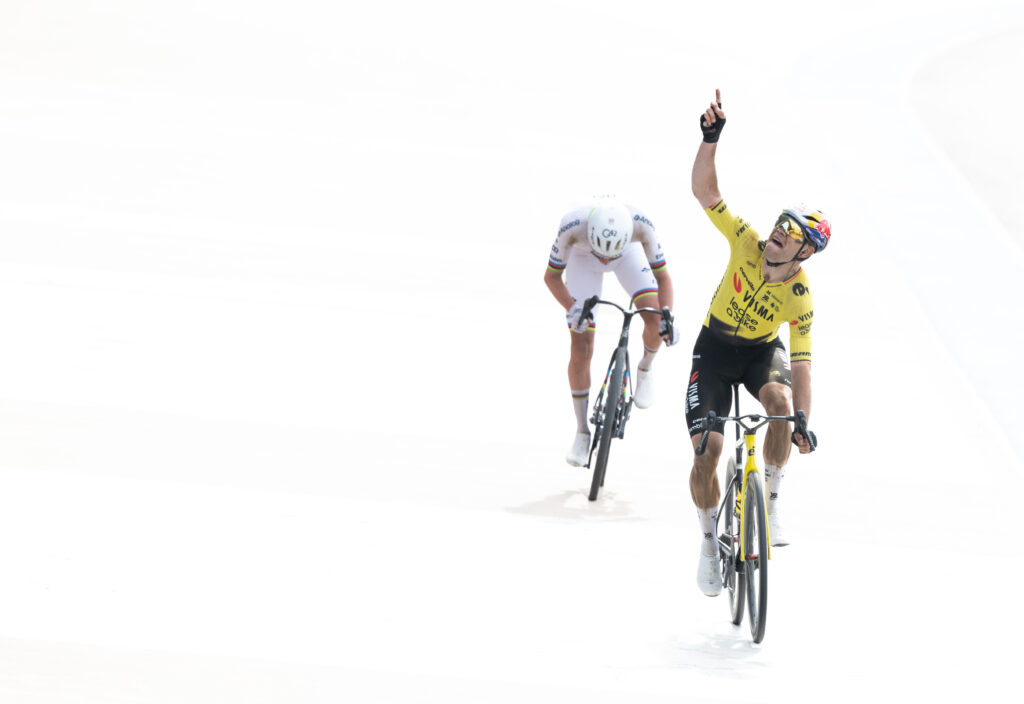 Wout van Aert points to the sky as he wins the 2026 Paris-Roubaix